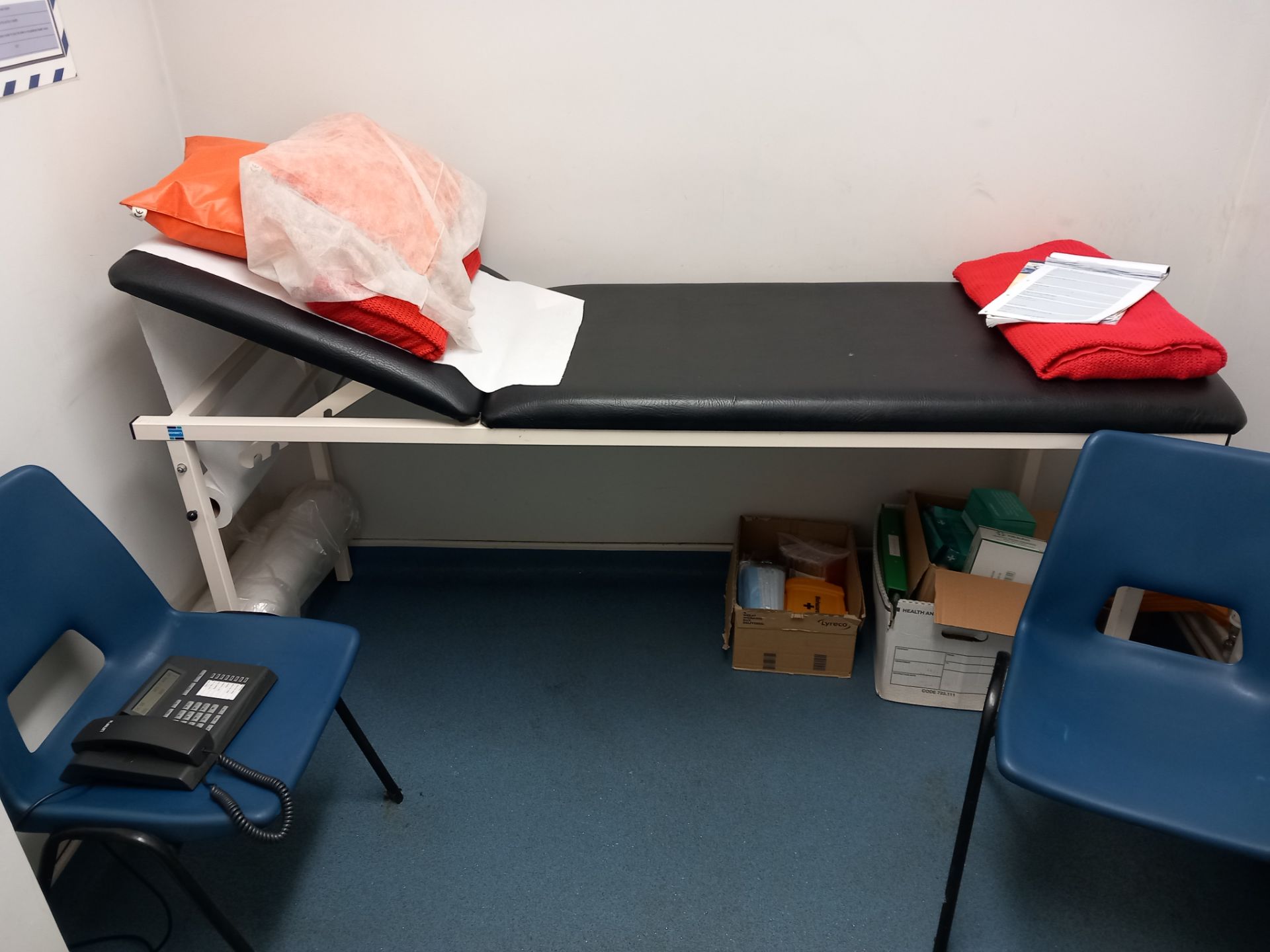 Contents to First Aid room to include treatment bed, various medical supplies and 2 x plastic
