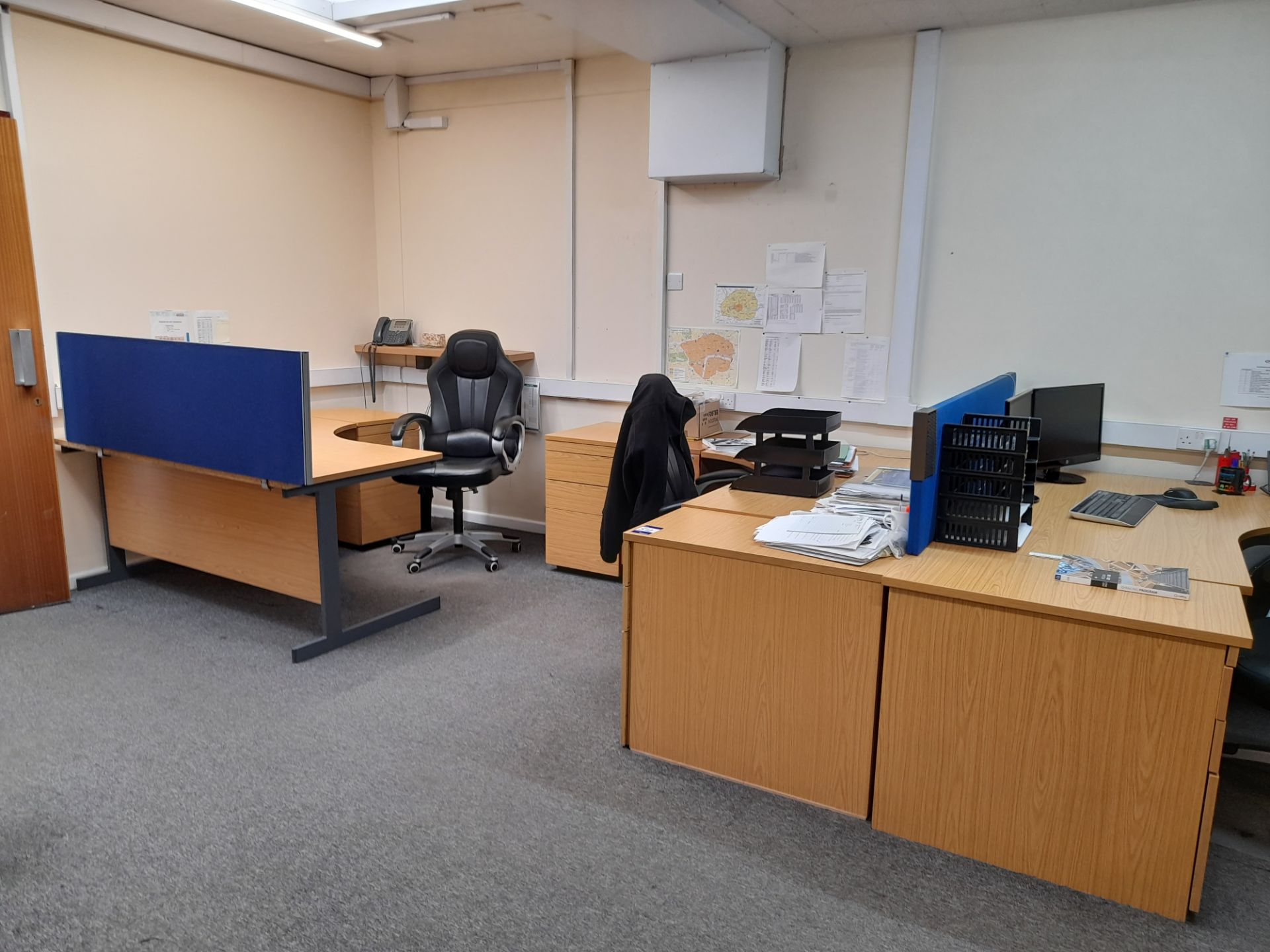 Contents to office to include 6 x desks, 6 x chairs, 12 x pedestal drawer units, 4 x 2 drawer filing