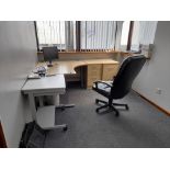 Contents of private office to include corner desk, chair, printer table, pedestal drawer unit, 2