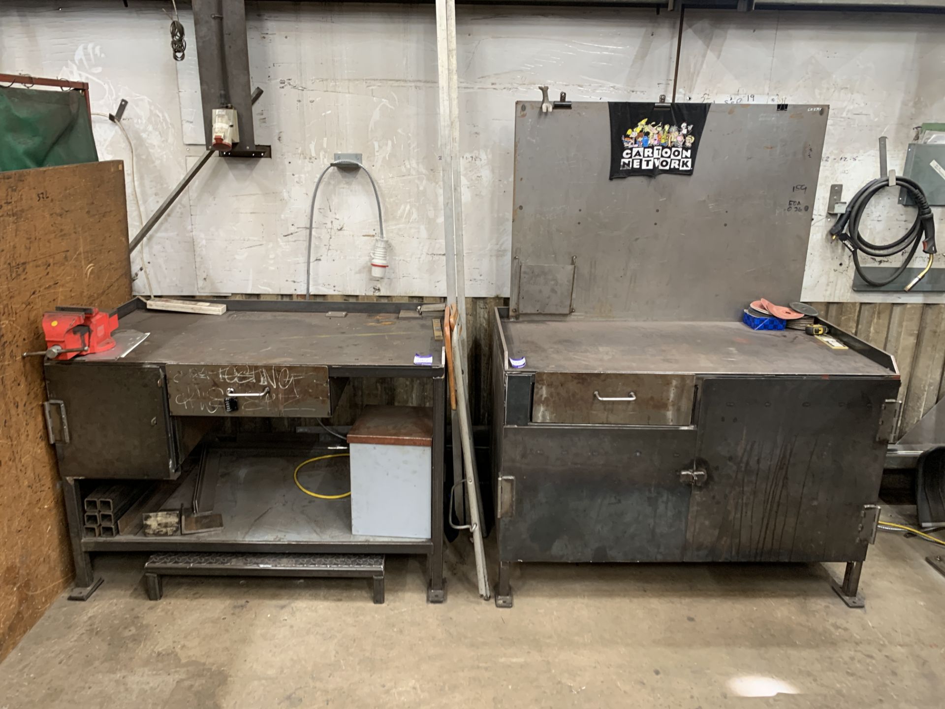 2 x Fabricated Steel Workbenches/cabinet