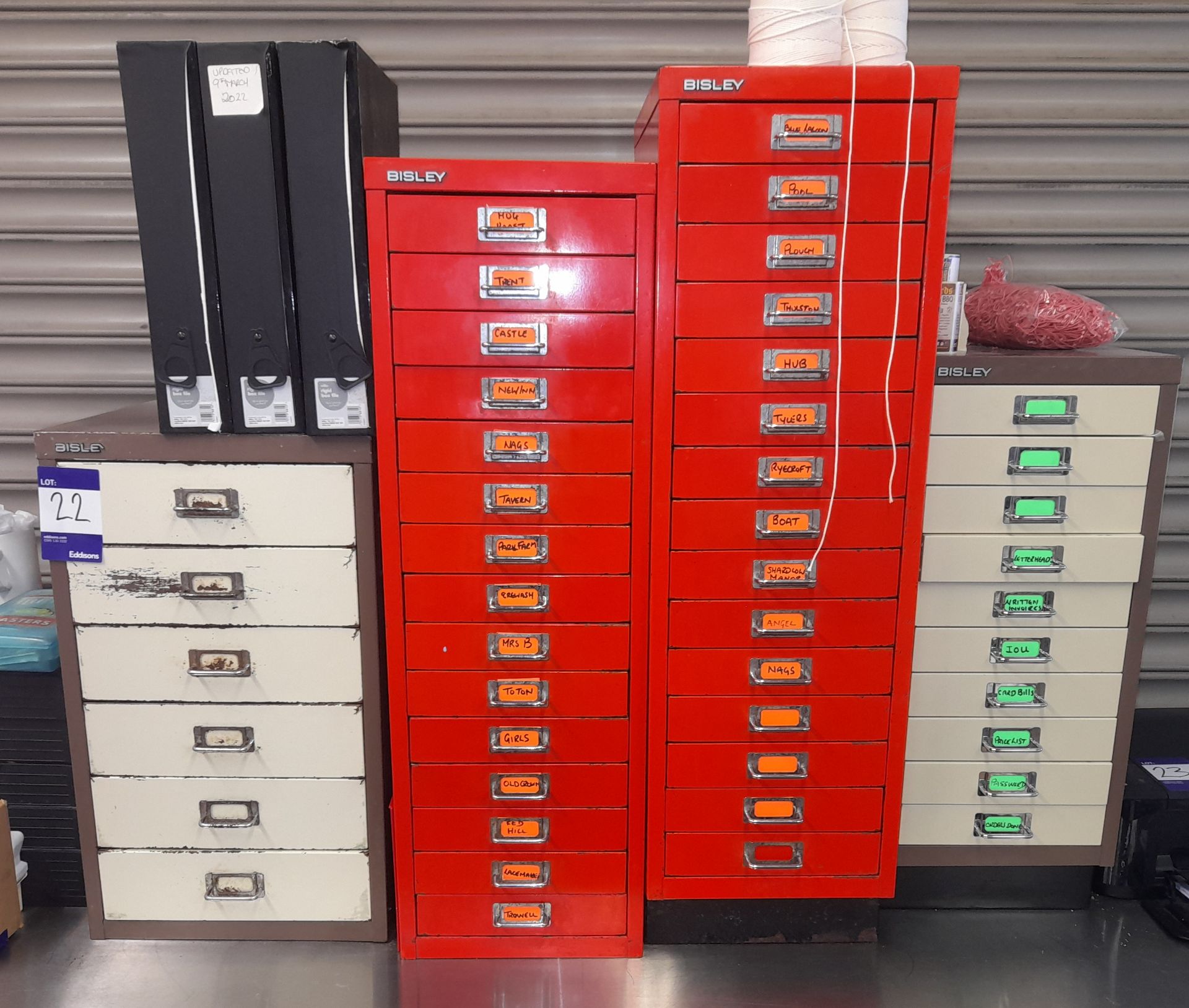Assorted Bisley low level filing cabinets