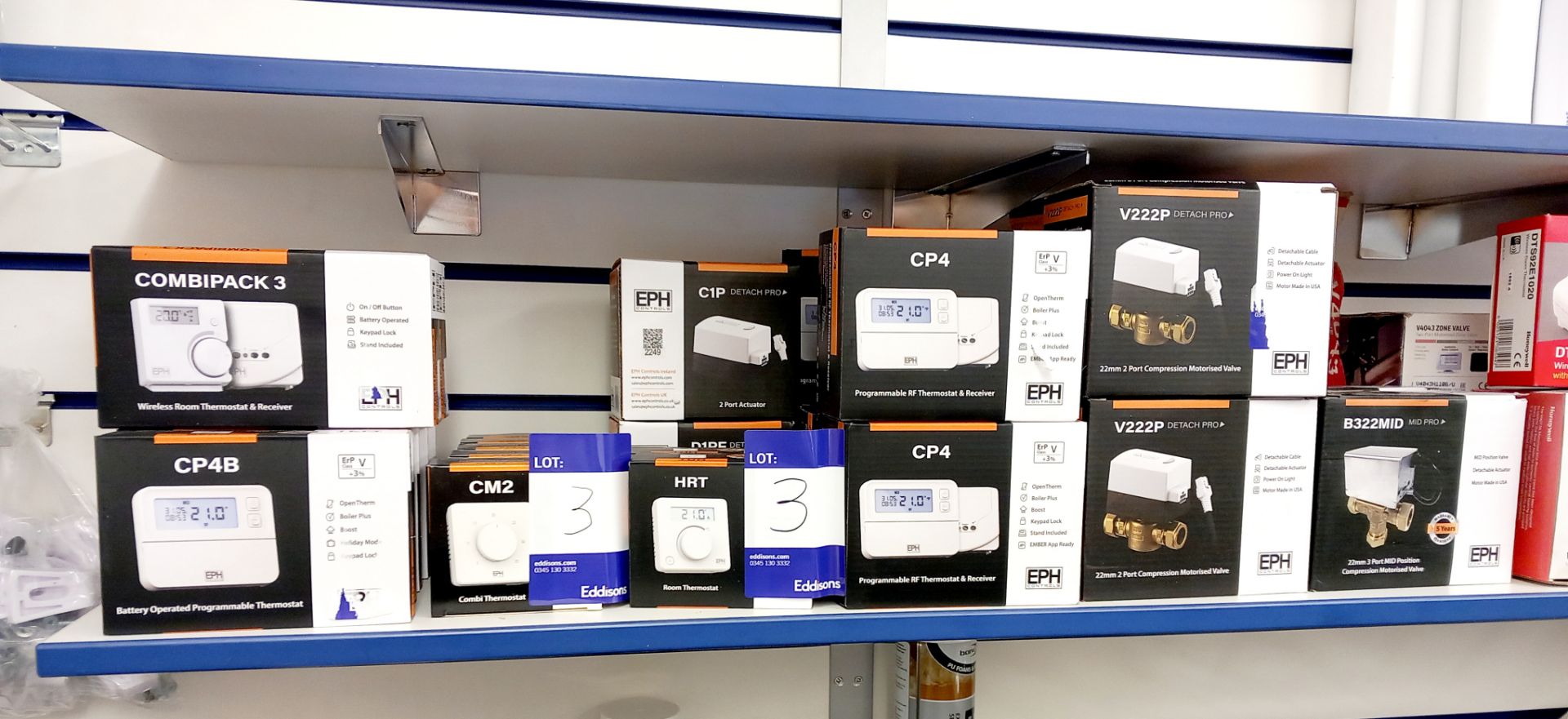 Quantity of various EPH, Honeywell and Salus thermostats and valves to shelf (approx. 50 units). - Image 2 of 4