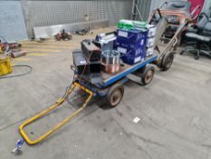 Assortment of welding sundries including weld wire, gas gauges, electrode boxes & gas torch with 2