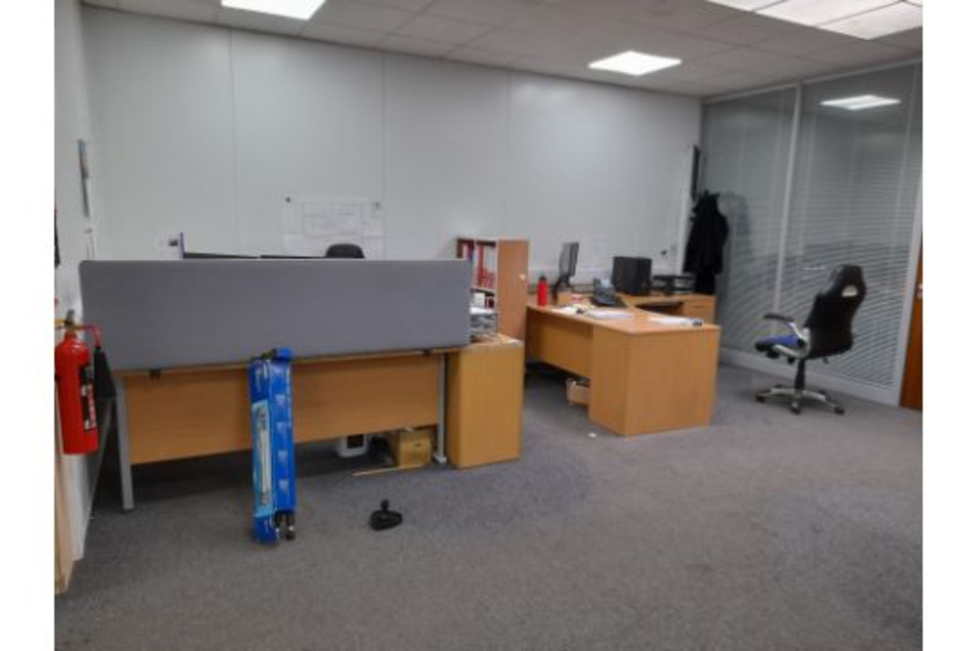Remaining furniture to office to include 4 x corner desks, printer table, 5 x pedestal drawer units,