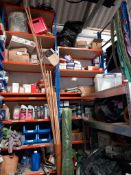 5x Steel Boltless Shelving Units (4x Orange and Blue, stacked and 1x Silver) and Contents