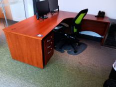 Oak Effect 2-Piece L-Shaped Workstation, 3-Drawer Pedestal & Black & Green Swivel Armchair