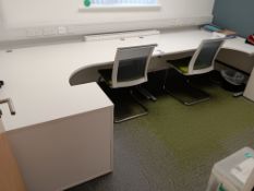2 x White Shaped Workstations, White 2-Drawer Pedestal, 2 x Chrome Framed Green & Grey Chairs &