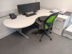 2 x White Wave Desks, White 2-Drawer Pedestal, White 3-Drawer Pedestal & 2 x Black & Green Swivel