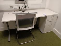 White Desk, White 3-Drawer Pedestal & Chrome Framed Green & Grey Chair