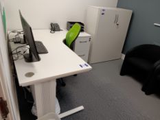 White Shaped Workstation, White 2-Drawer Pedestal, Black & Green Swivel Chair & White Metal 2-Door