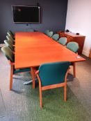 Oak Effect 2-Piece Boardroom Table (Approx. 11ft 5” x 3ft 11”) with 12 x Green Armchairs & 4-Door