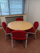 Light Oak Effect Circular Meeting Table, 4 x Red Chairs & Coat Stand
