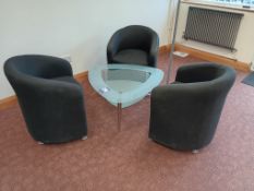 3 x Black Tub Chairs, Chrome Framed Glass Table & Coat Stand