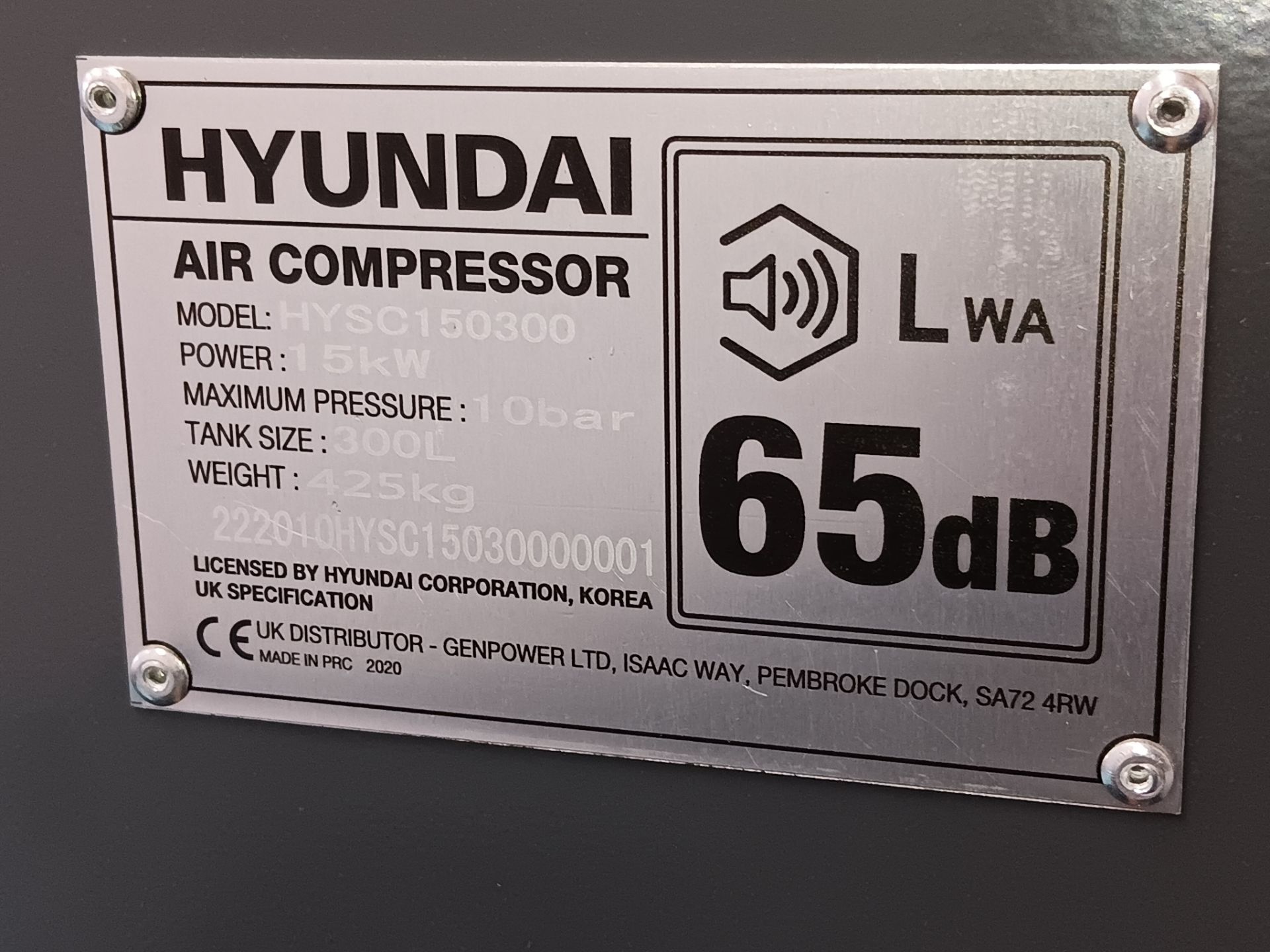 Hyundai HYSC150300 15hp 300litre screw compressor (2020) Serial number 222010, 90 hours recorded - Image 7 of 9