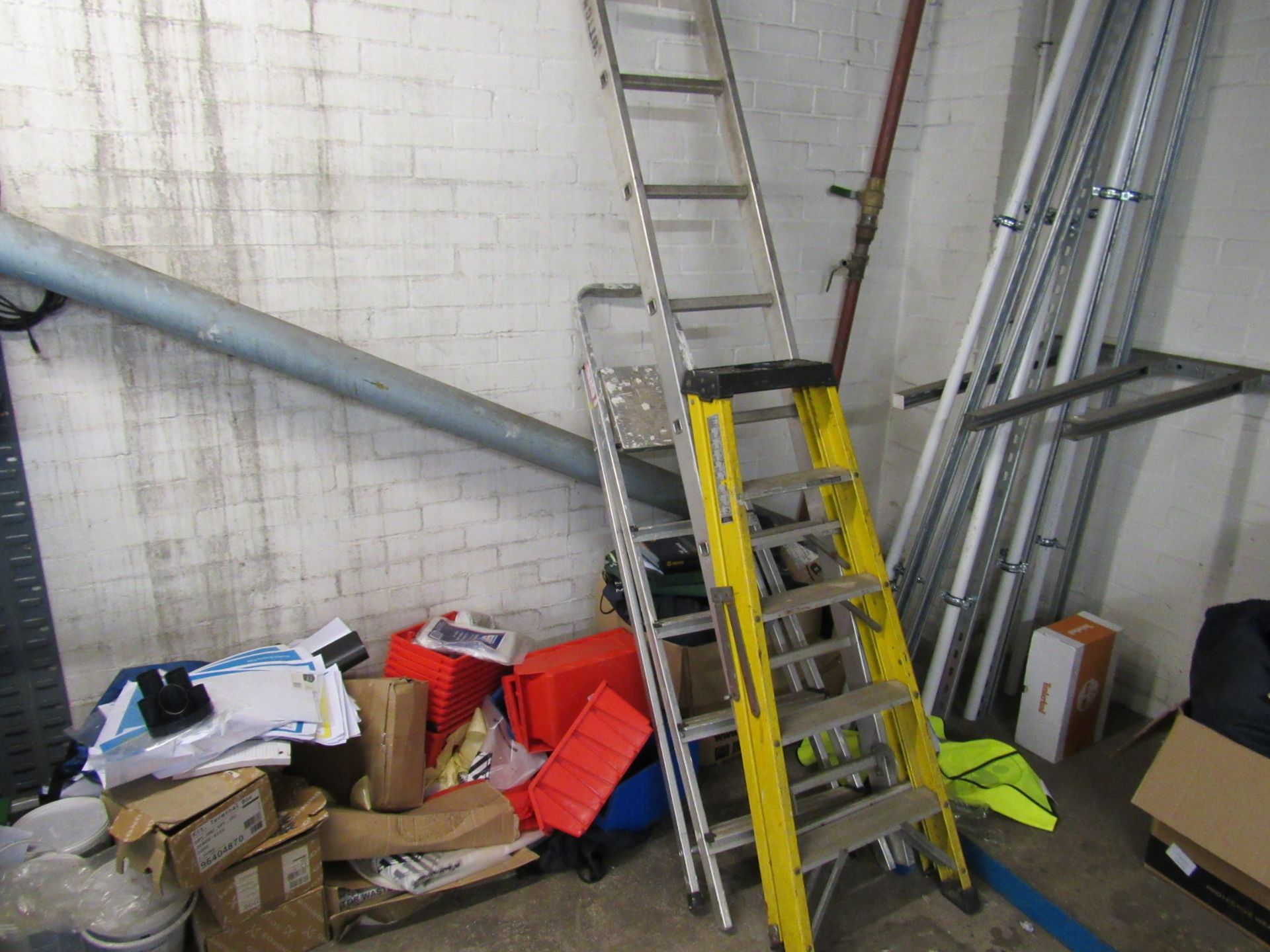 2 various ladders and quantity of plastic storage bins (excludes yellow ladders) - Image 2 of 2