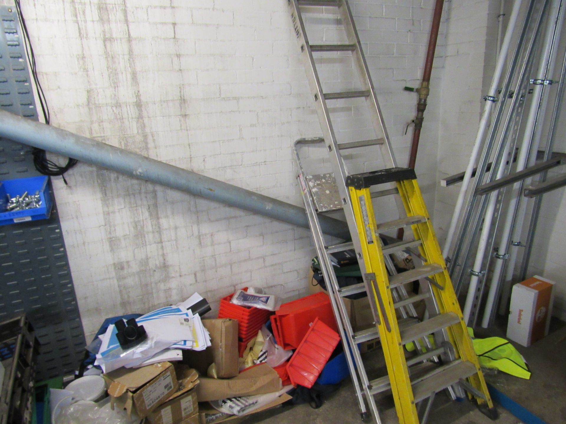 2 various ladders and quantity of plastic storage bins (excludes yellow ladders)
