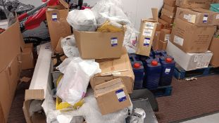 Quantity of boxes & lin bins & contents to include motorcycle spare parts & accessories to floor &
