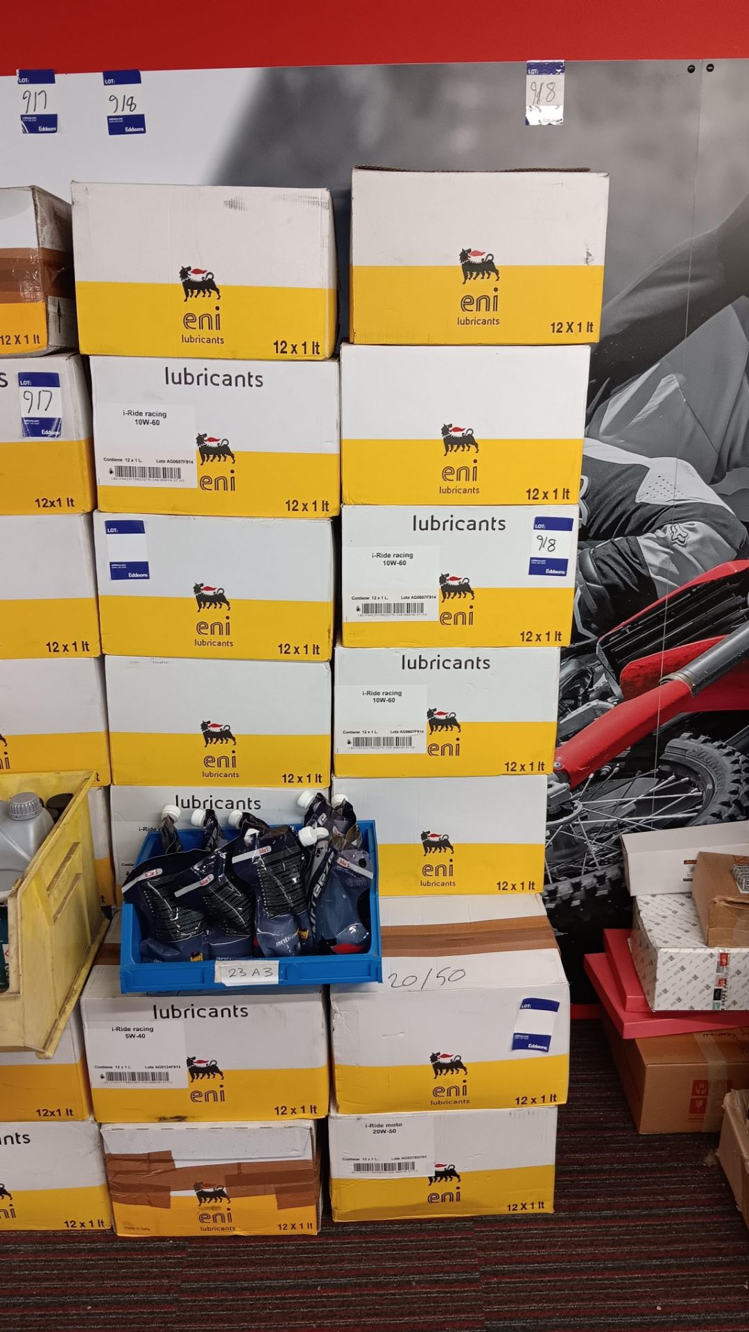 18x Boxes of eni lubricants to include i-ride moto 20w-50, 10w-60 & other (quantities of boxes not