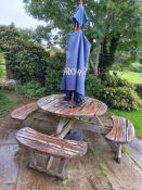 4 x Wooden Table & Chair Picnic Sets, Wooden Table with 2 x Shaped Garden Benches & 2 x Parasols