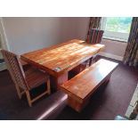 Heavy Solid Wood Table (Approx. 6ft 3” x 3ft 3”) with 2 x Heavy Solid Wood Benches, 5 x High Back