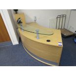 Curved reception desk with glass shelf to include 3 drawer office unit, hardwired sockets (