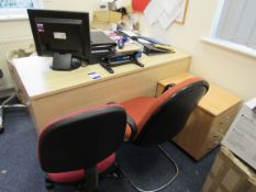 To include 1 x Curved 1 Person desk, 2 x office chairs, 1 x set of drawers (Contents of desk not
