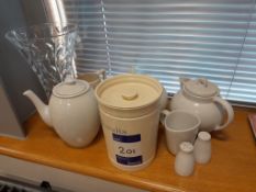 vase, milk jugs, biscuit tin and tea pots