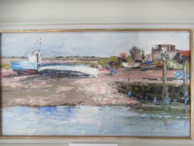 'Boats in the Jetty' Oil Painting, by Mike Service. RRP £595 (14" x 21" including frame)