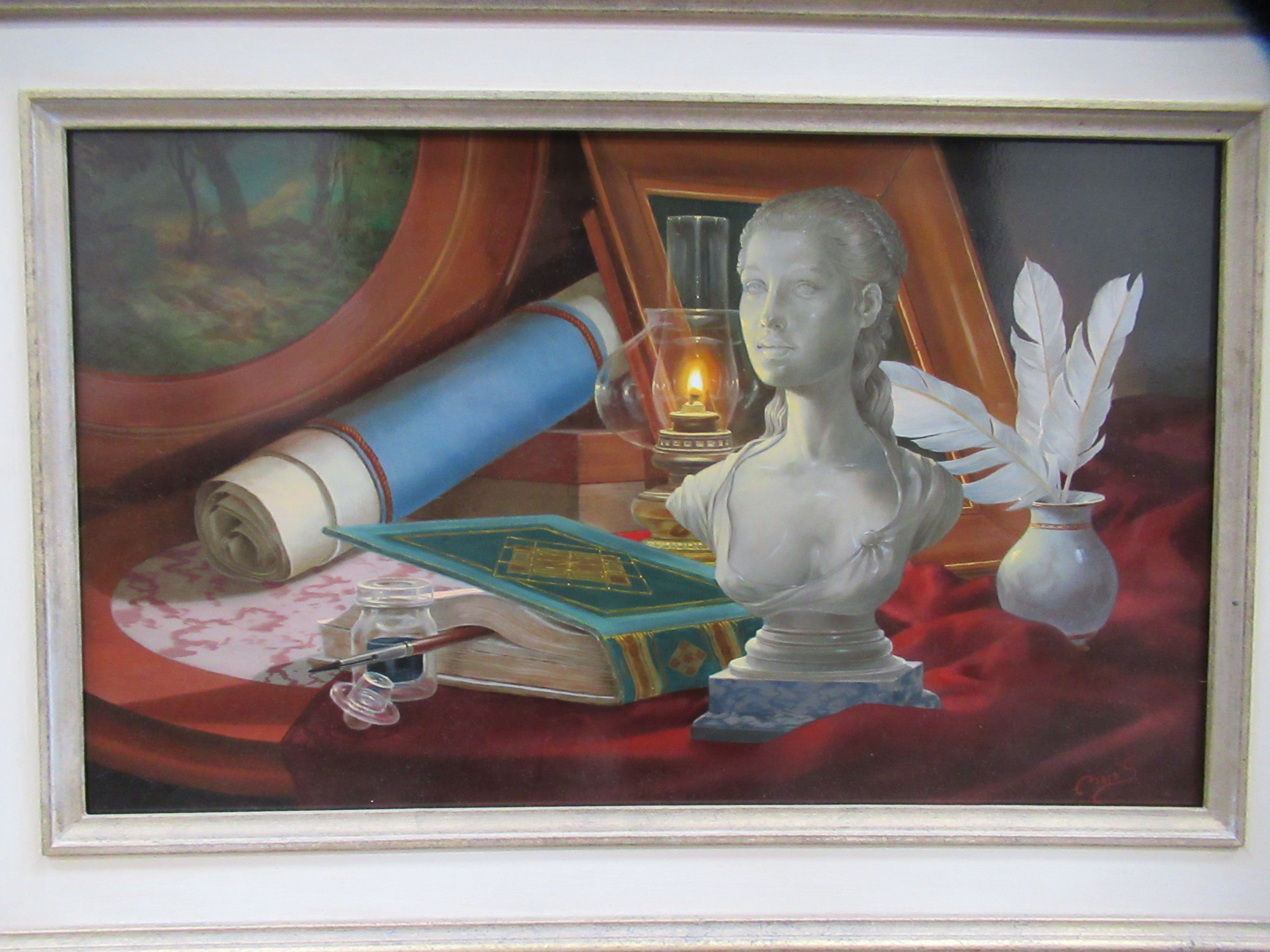 'Statue and Scroll' Oil Painting by Gyula Boros. RRP £1395. (19" x 26.5" including frame)