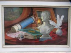 'Statue and Scroll' Oil Painting by Gyula Boros. RRP £1395. (19" x 26.5" including frame)