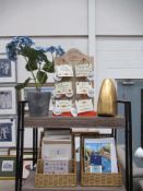 Various Greeting Cards, Gold Painted Plant Stand, Floor Standing Lamp etc