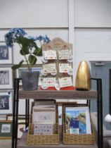 Various Greeting Cards, Gold Painted Plant Stand, Floor Standing Lamp etc