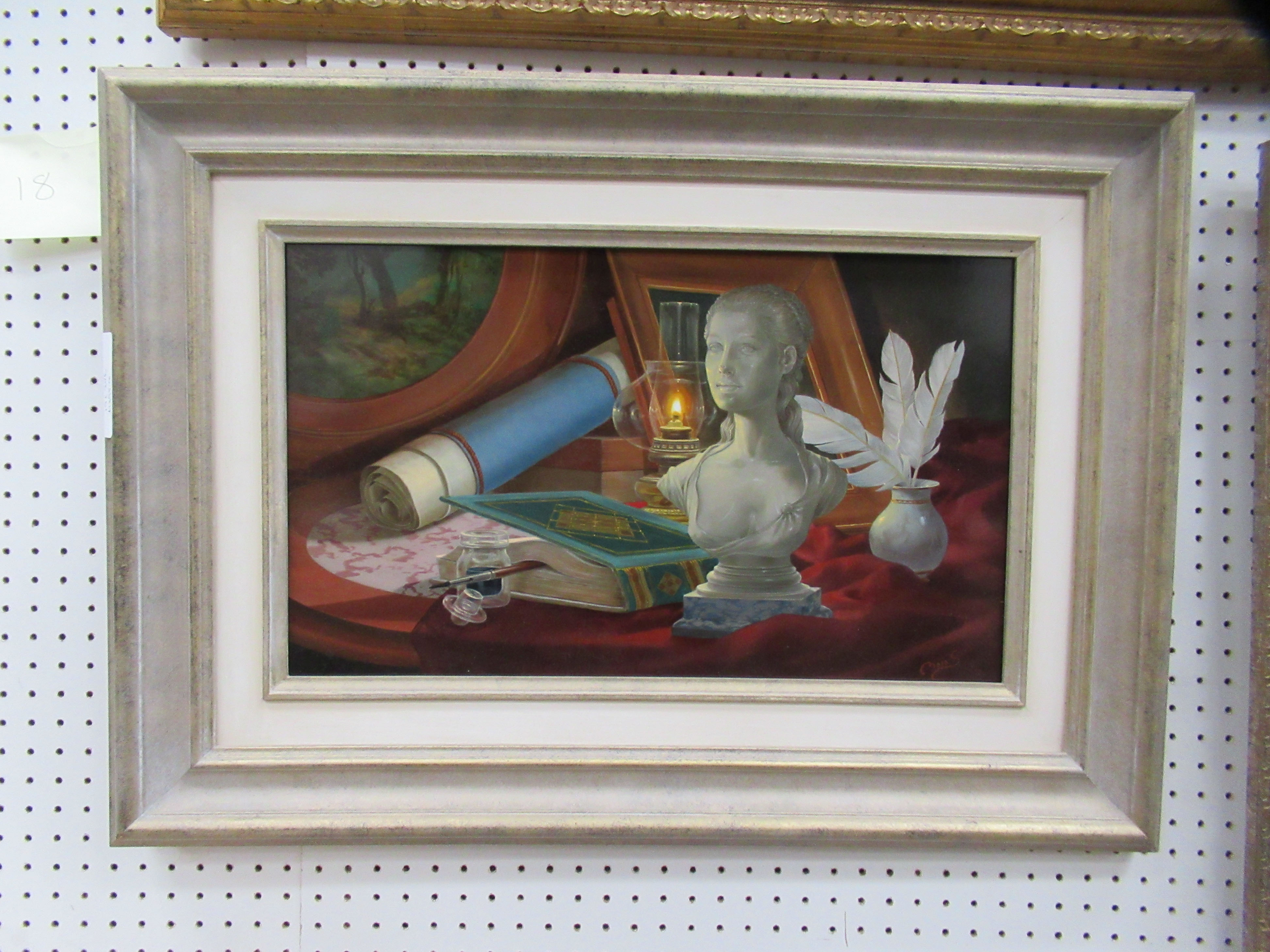 'Statue and Scroll' Oil Painting by Gyula Boros. RRP £1395. (19" x 26.5" including frame) - Image 2 of 3