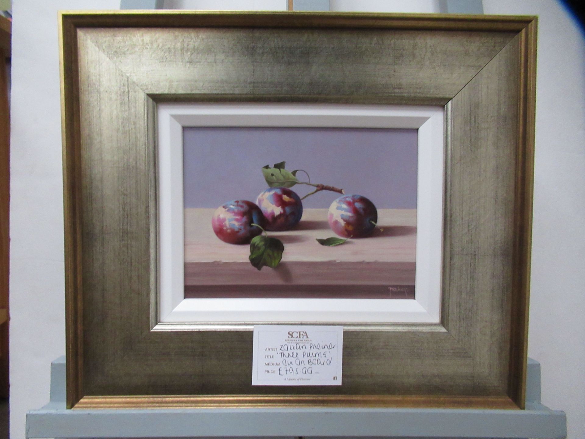 'Three Plums' Oil Painting by Zoltan Preiner, RRP £795. ( 17" x 15" including frame) - Image 2 of 2