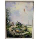 'Child with Kite Scene' Oil Painting by Jorge Aguilar-Agon, RRP £3,995 (19" x 23" including frame)