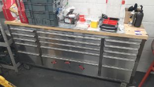 Dynamat Wooden Topped Mobile Workshop Tool Chest. W184cm x D49cm x H95cm. Contents excluded. 1 key