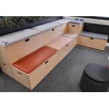 MITB ‘L’ Shaped bespoke reconfigurable tiered timber seating bench with under storage (Approx.