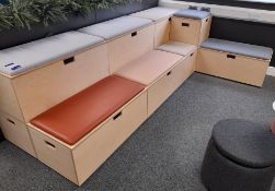 MITB ‘L’ Shaped bespoke reconfigurable tiered timber seating bench with under storage (Approx.