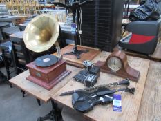 Various Items inc. Gramaphone, Mantle Clock, Cameras, Clarinet etc.
