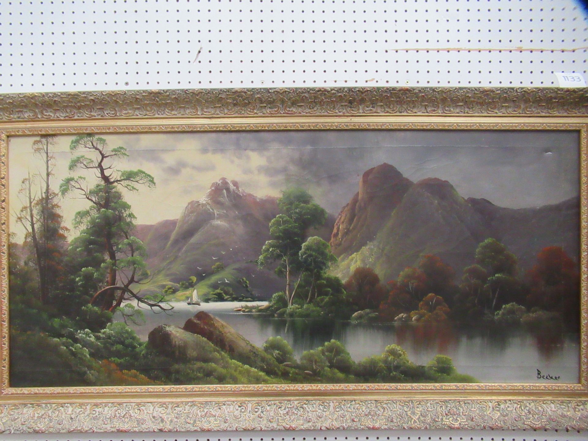 Oil on canvas of Lake and Mountain Scene singed 'Becker' (44 x 100cm) - Image 2 of 2