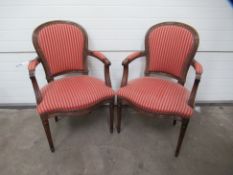 Pair of Walnut and Red/Gold Upholstered Open Armchairs