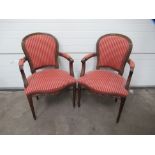 Pair of Walnut and Red/Gold Upholstered Open Armchairs