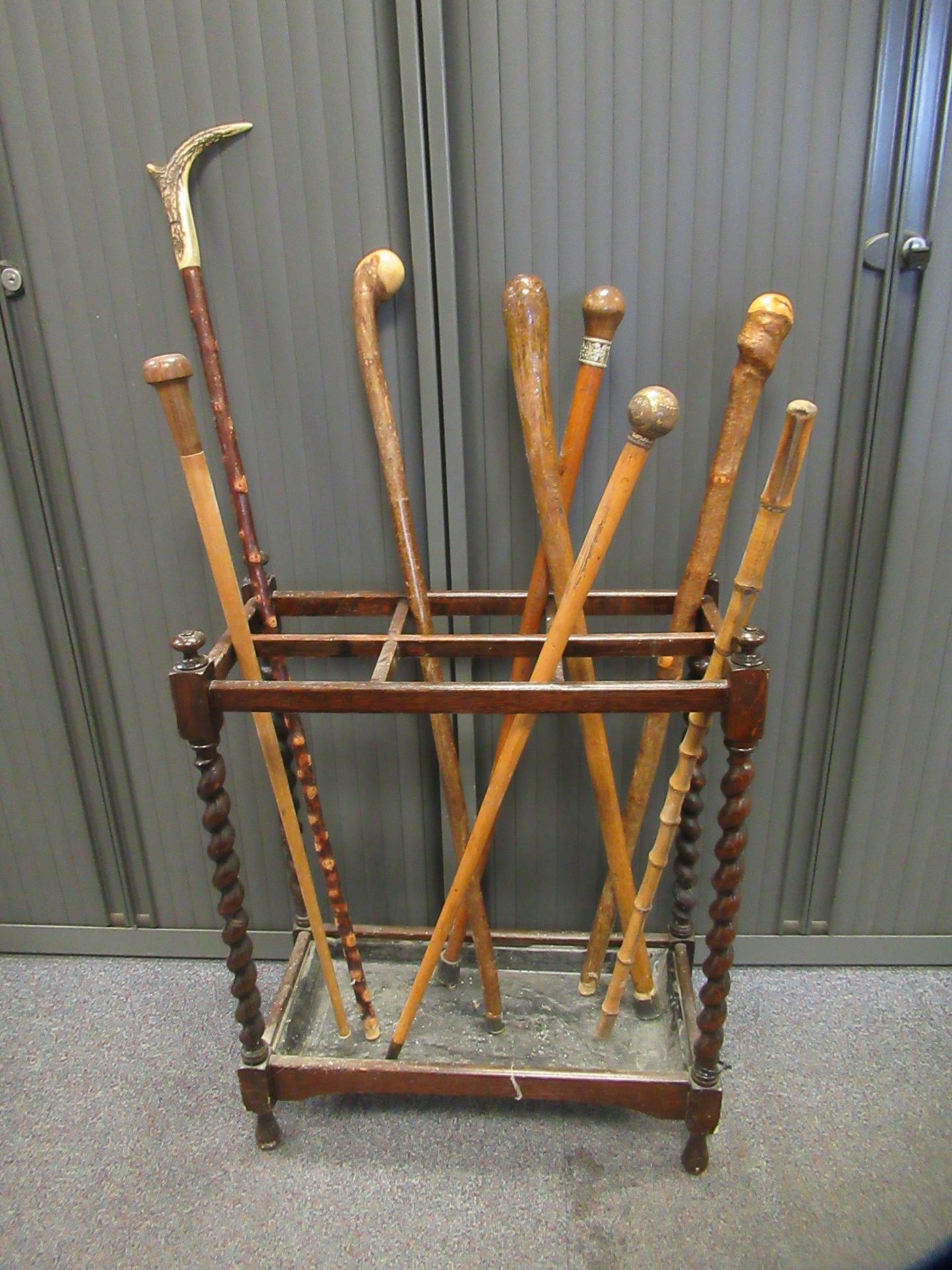 Barley Twist Leg Umbrella/Walking Stick Stand & A Collection of Walking Sticks