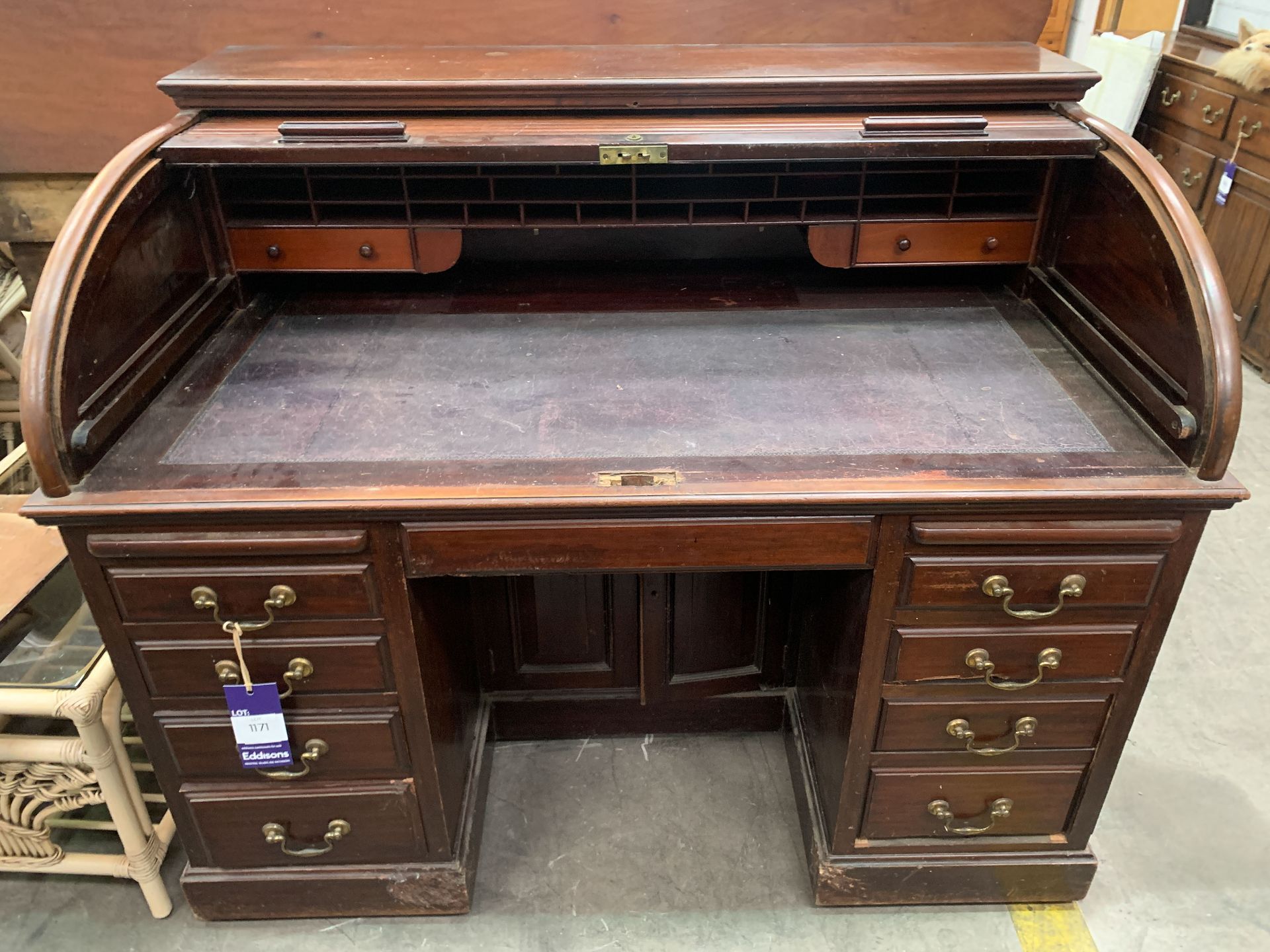 Mahogany Roll Top Twin Pedestal Inlaid Desk - Image 2 of 8