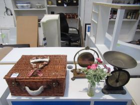 Wicker Picnic Basket Set, Salter Scales, Brass Gong etc