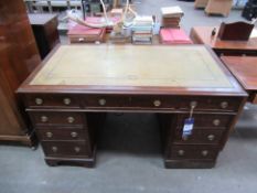 Mahogany Leather Inlaid Twin Pedestal Desk - One Pedestal Damaged (Right Side)