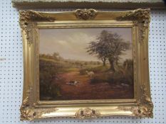 Oil on canvas of a Sheep Herding Scene signed 'H Taylor' in ornate frame (34 x 44cm)