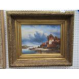 Dutch Riverbank and Building Scene in the oil medium on board in ornate frame - signed (29 x 39cm)
