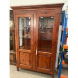 Glass Panelled Oak Display Cabinet with 2x Glass Shelves and Another Wooden Shelf Below