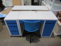 Blue and White Computer Desk (105 x 50cm) with matching four drawer Pedestal